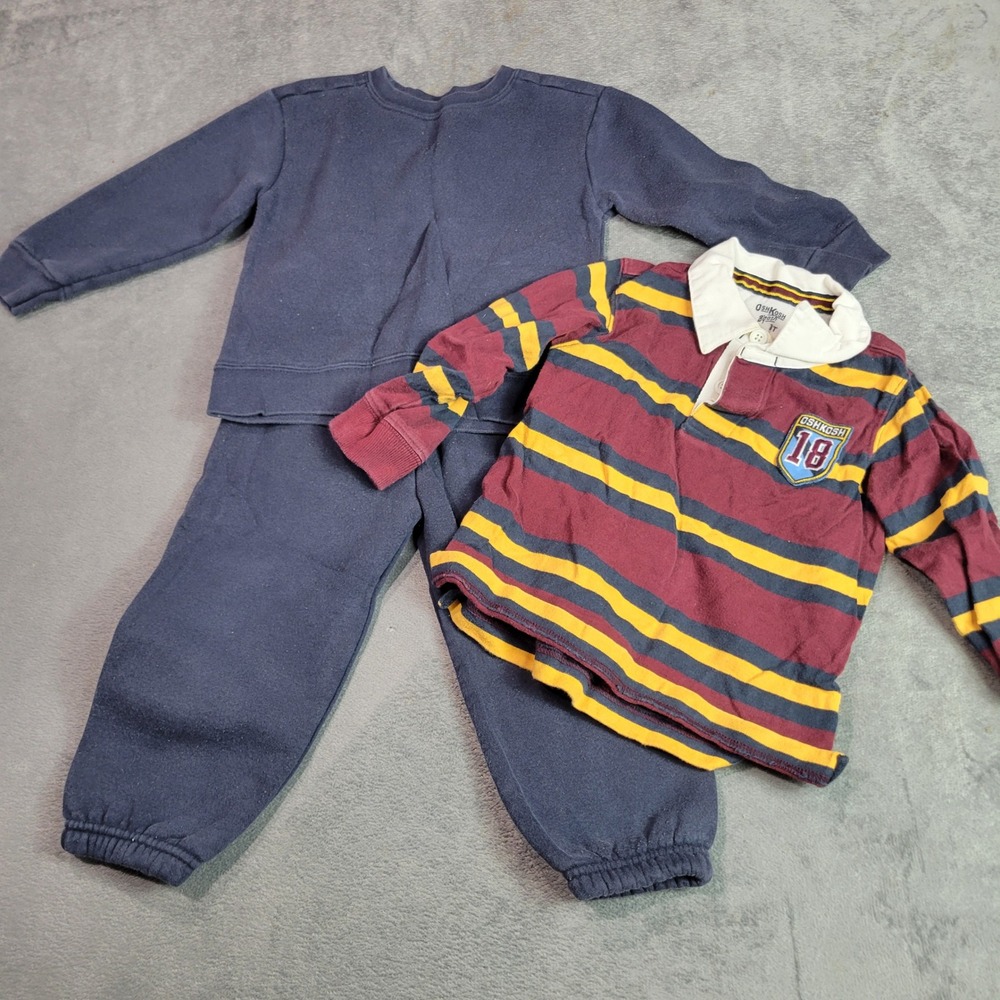 OshKosh Athletic Works Boys 3 Navy Burgundy Striped Rugby Sweatshirt Joggers Set